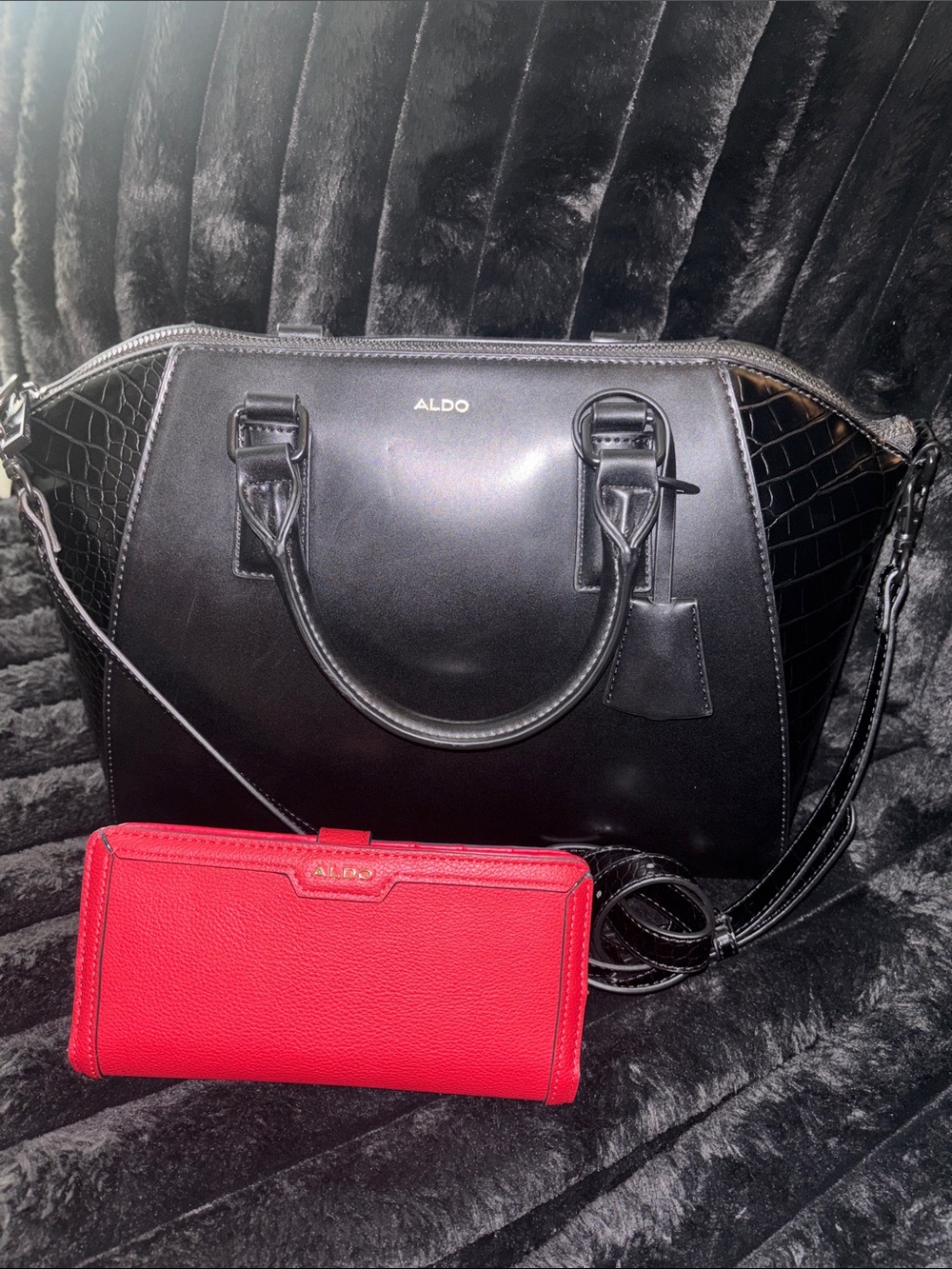 ALDO Black Satchel with Red Aldo Wallet